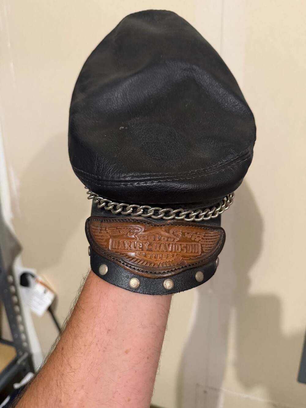 Harley Davidson Black Leather Captain Biker Hat With Chain Studs L-XL